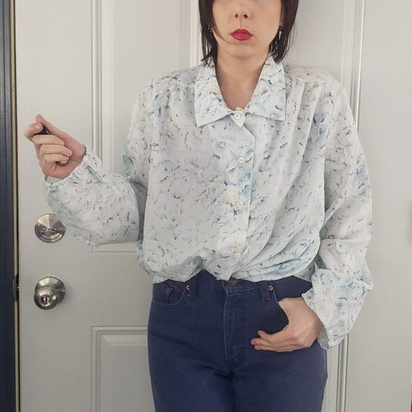 80s Blue Floral‎ Button Down - Picture 1 of 5